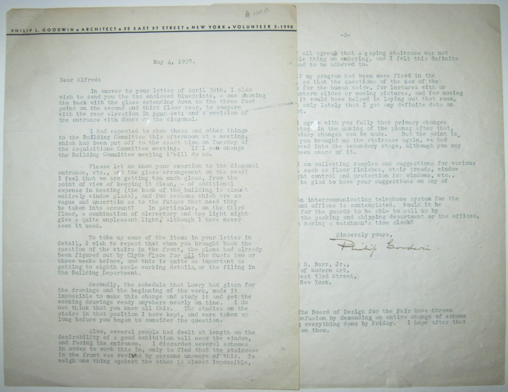 (ARCHITECTS.) GOODWIN, PHILIP L. Typed Letter Signed, to the first director of the Modern Museum of Art in NY Alfred H. Barr, Jr.,